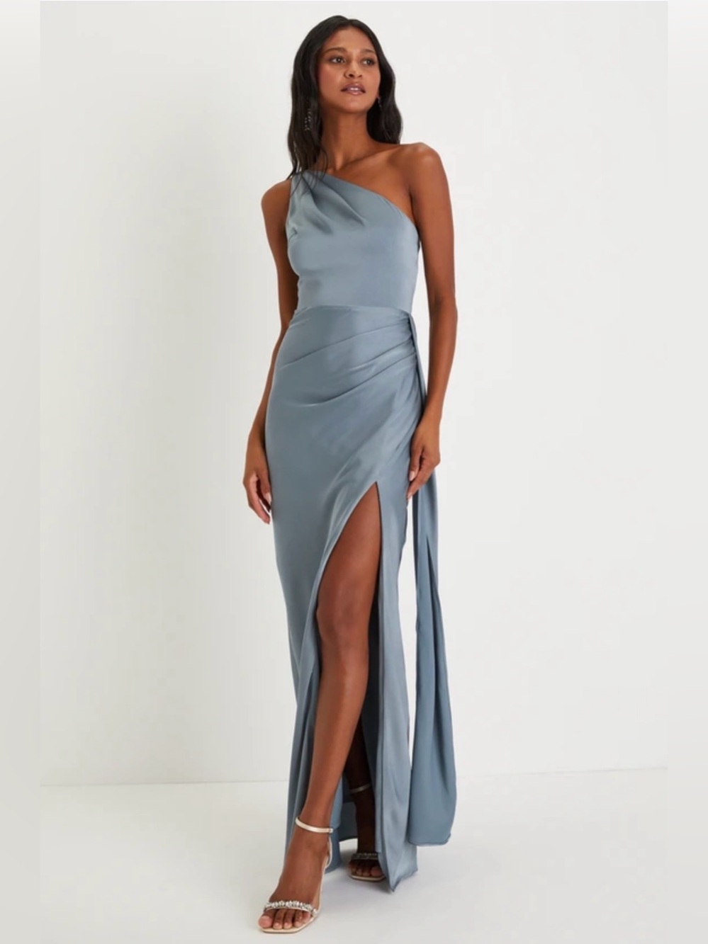 Lulu's Signature Elegance Slate Blue Satin One-Shoulder Maxi Dress - NWT - Small